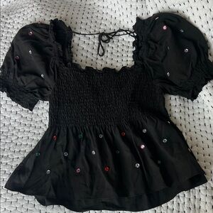 Hill House Black Blouse with Colorful Embroidery